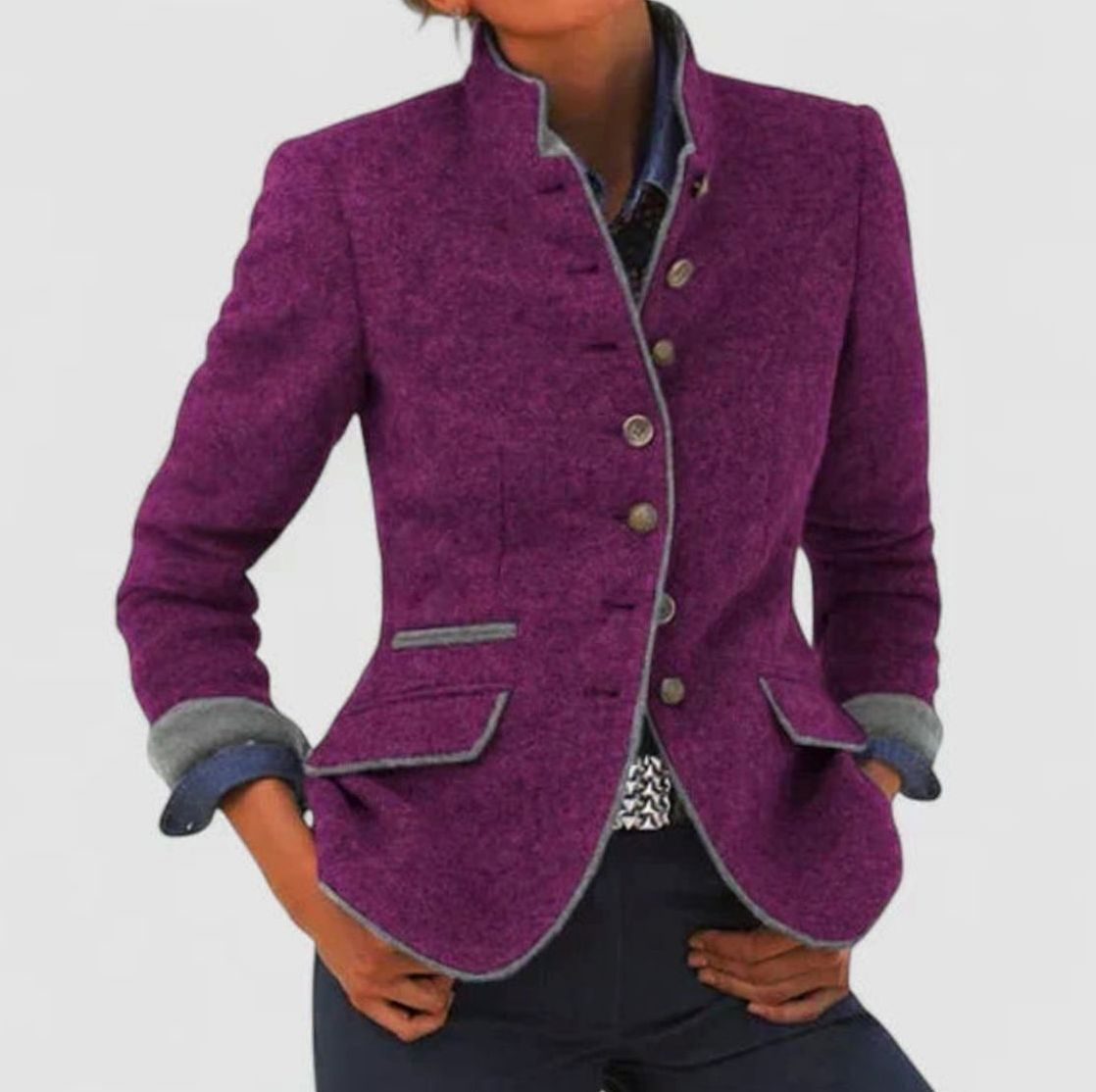 Women's Elegant Stand-Collar Button-Up Blazer Cardigan