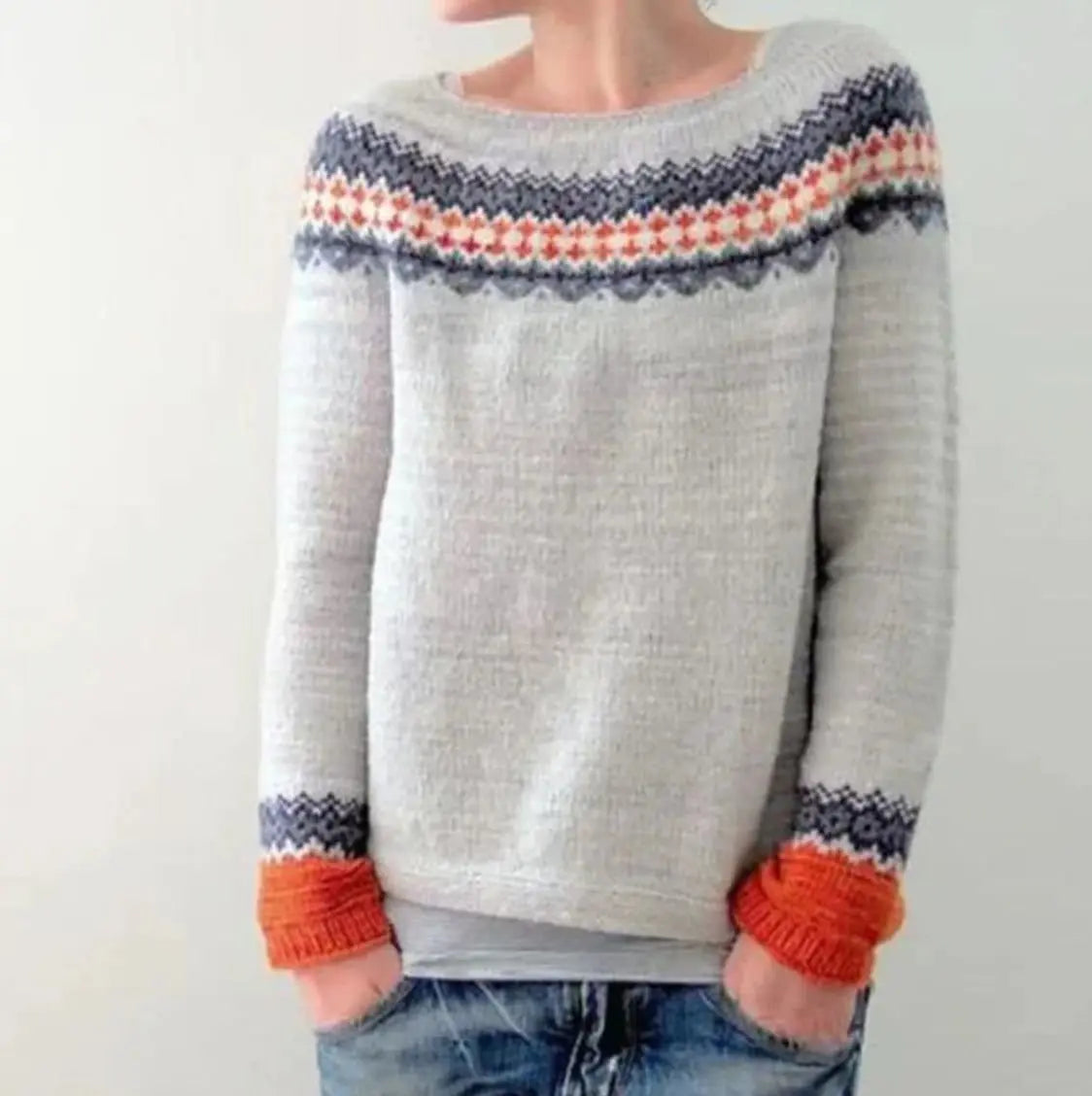 Women's Fair Isle Crew Neck Long Sleeve Knit Sweater
