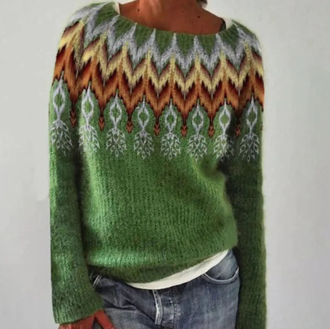 Women's Fair Isle Crew Neck Long Sleeve Knit Sweater