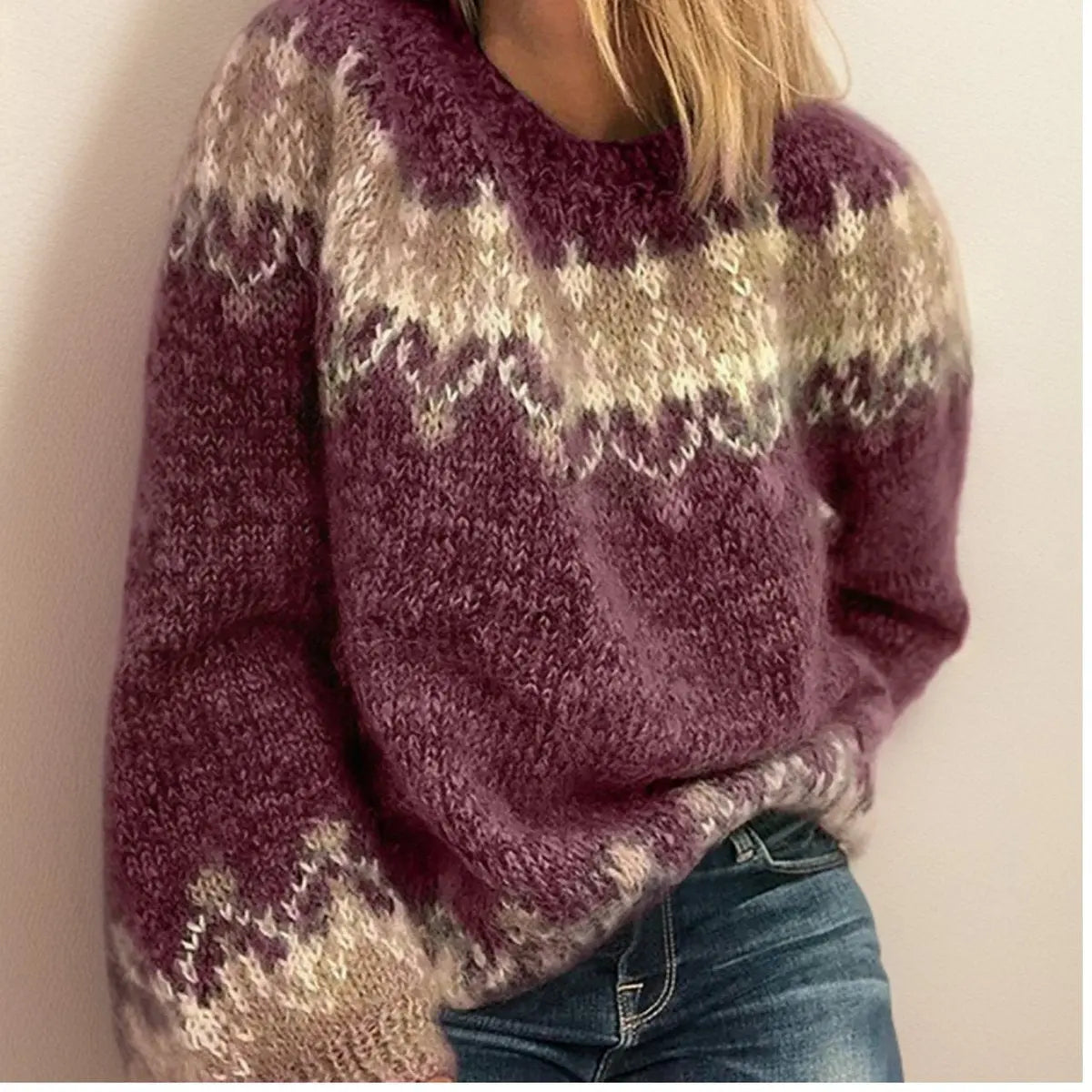 Women's Fair Isle Jacquard Knit Sweater Cosy Nordic Jumper