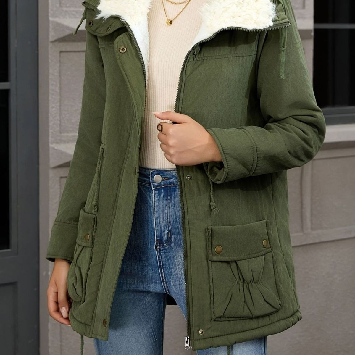Women's Faux-Fur Collar Drawstring Waist Winter Parka