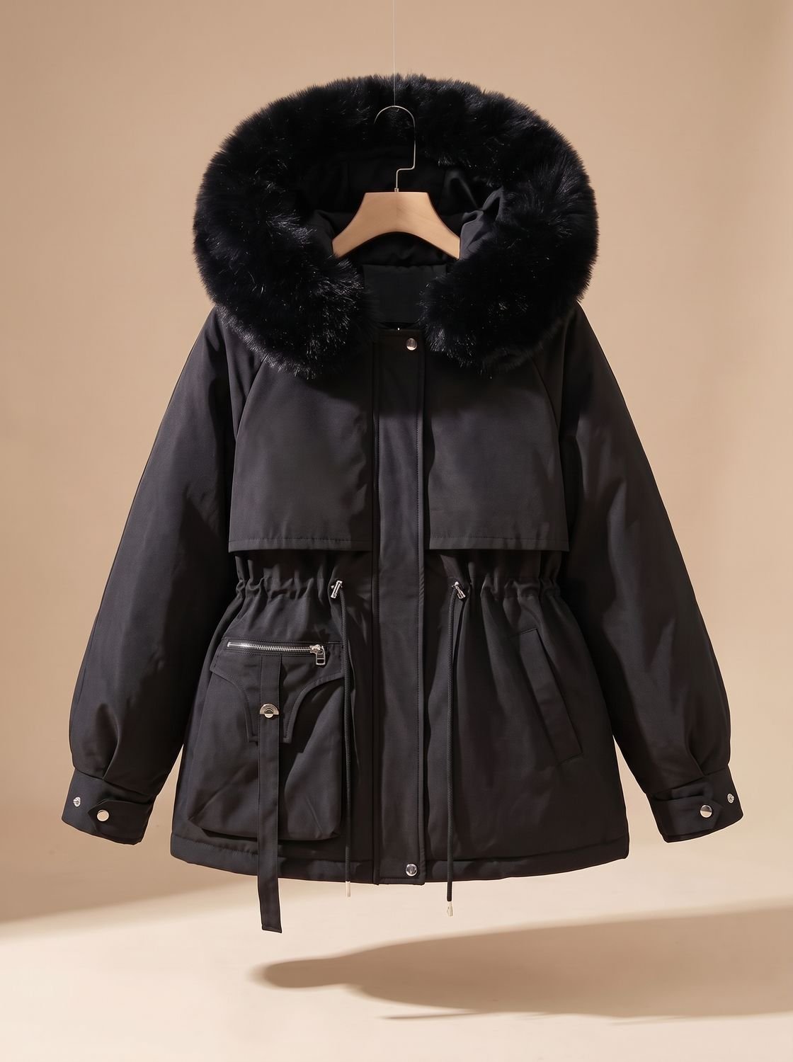 Women's Faux-Fur Hooded Drawstring Cinched-Waist Puffer Jacket