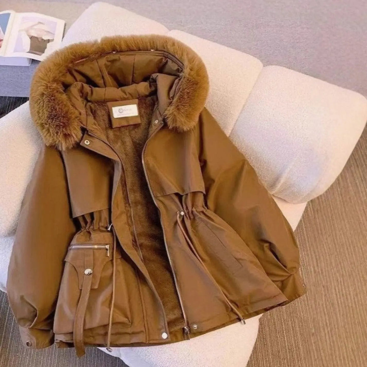 Women's Faux Fur Hooded Drawstring Winter Coat