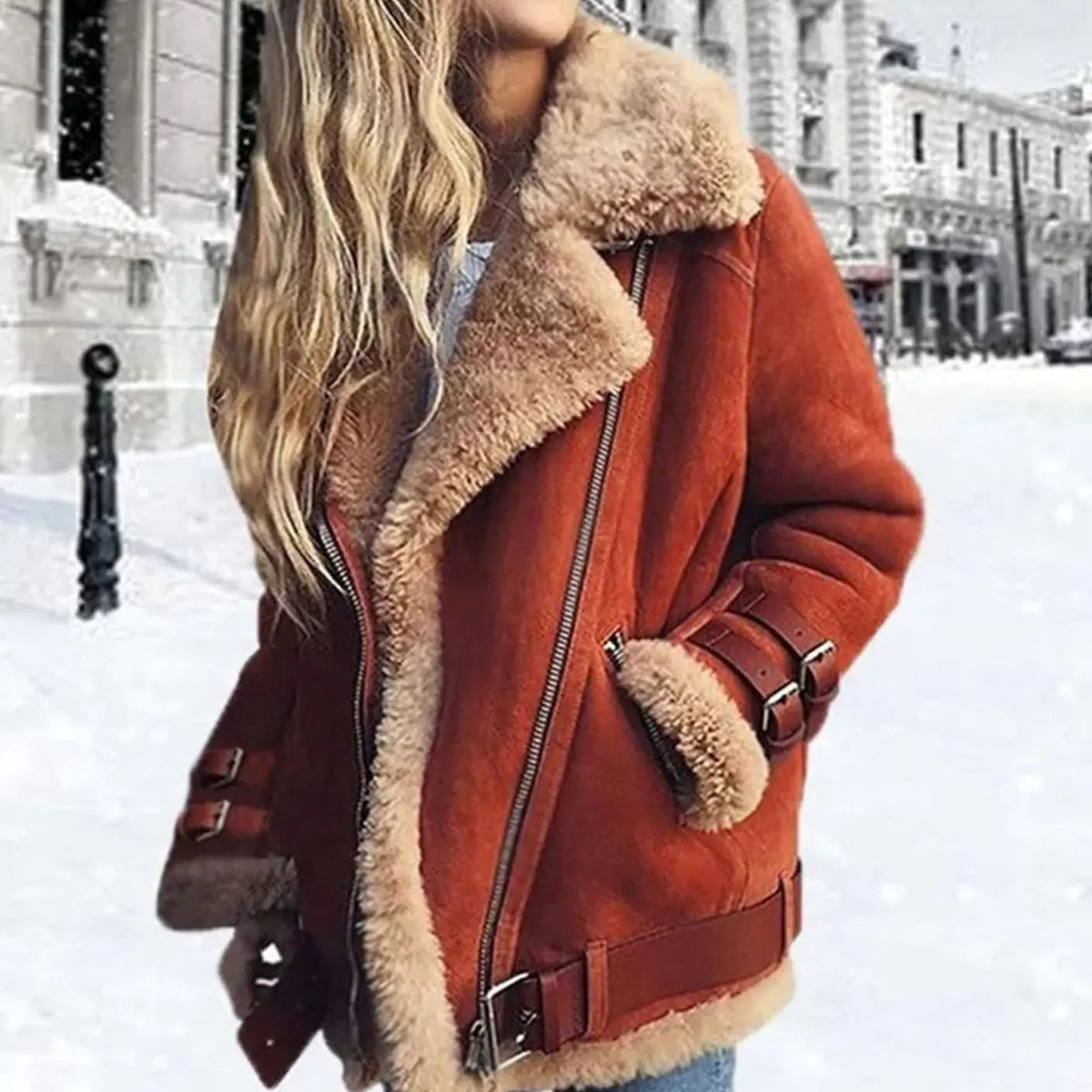 Women's Faux Fur Lined Suede Oversized Moto Jacket