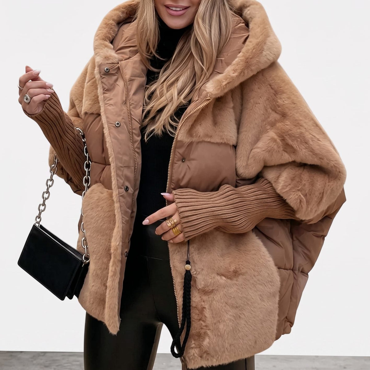 Women's Faux-Fur Panel Quilted Plush Hooded Coat