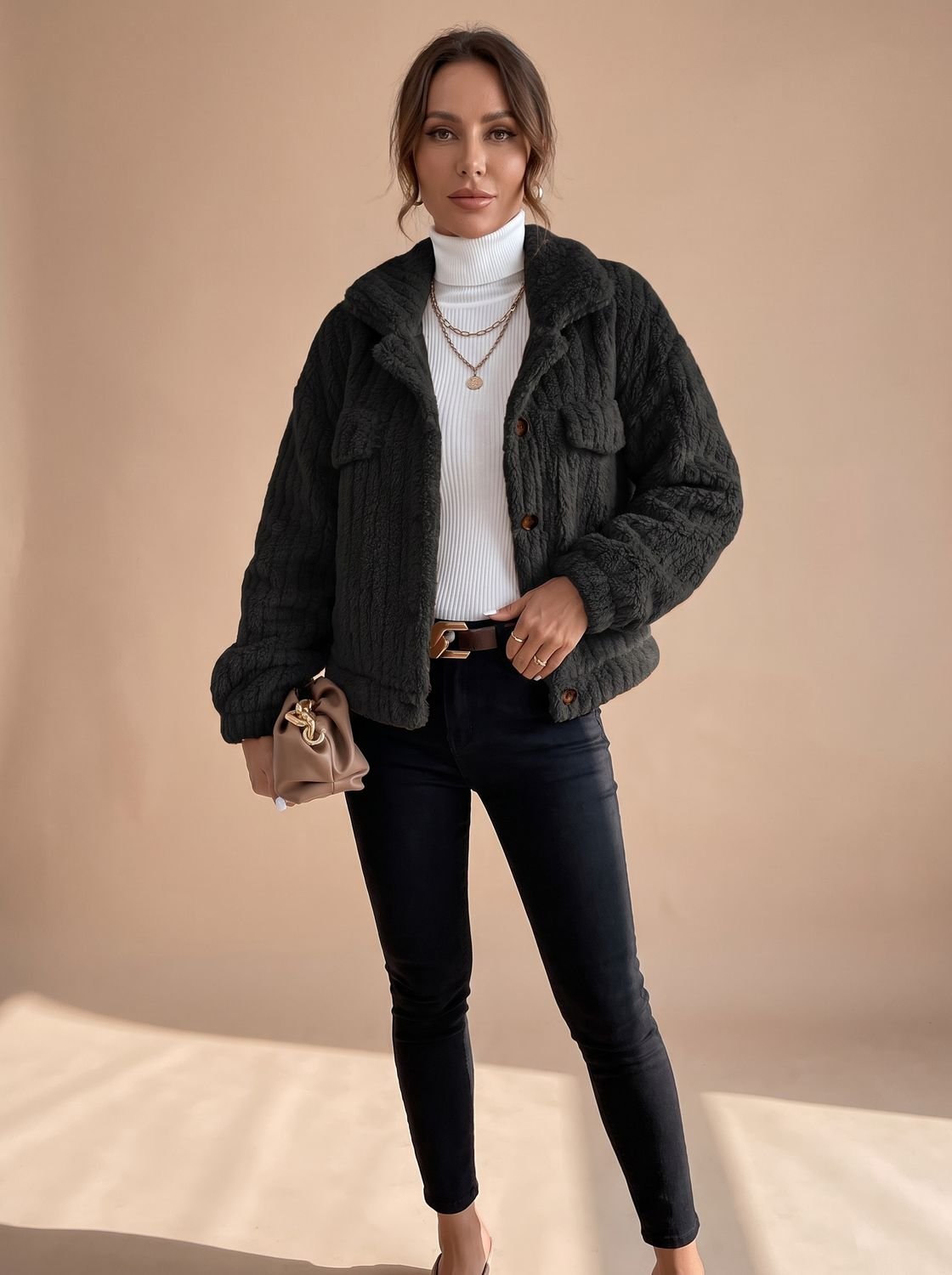 Rosie | Women's Faux Fur Teddy Coat Button-Down Collared Sherpa Jacket