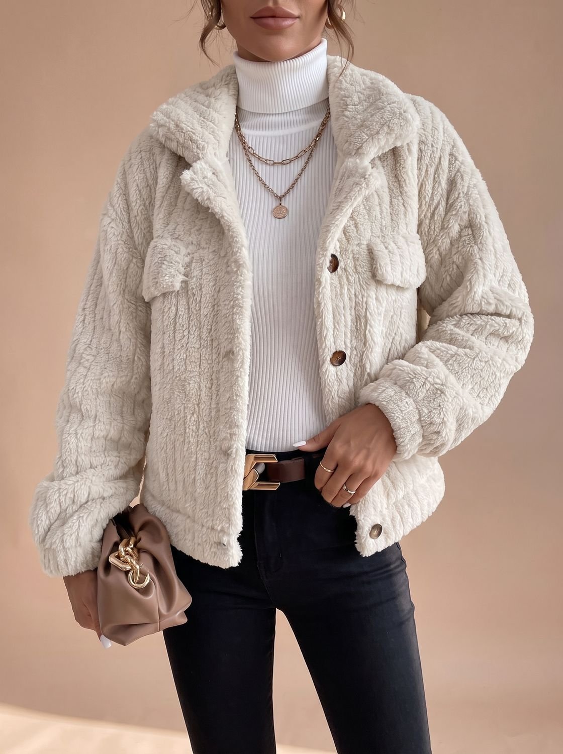 Rosie | Women's Faux Fur Teddy Coat Button-Down Collared Sherpa Jacket