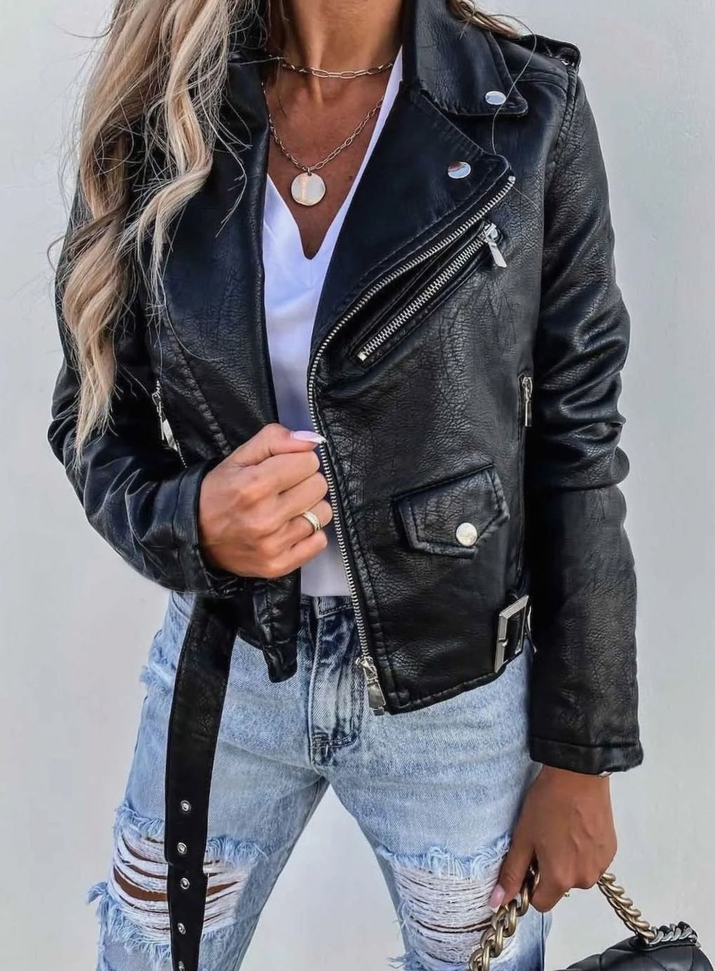 Women's Faux Leather Asymmetric Zip Biker Jacket, Black