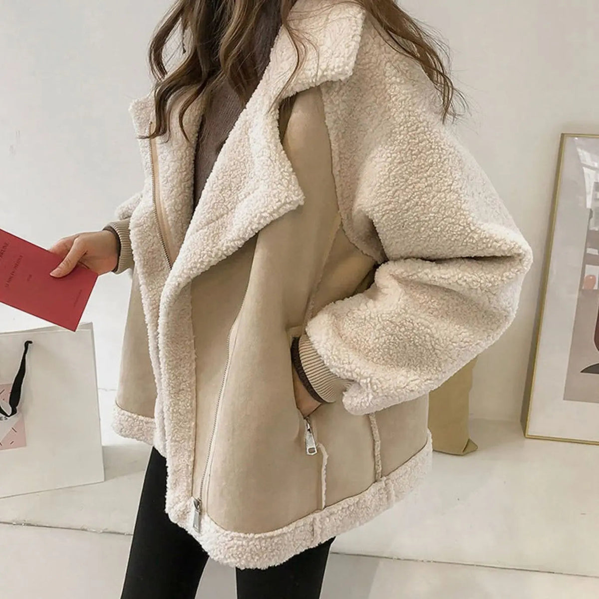 Women's Faux Shearling Relaxed-Fit Zip-Up Oversized Coat