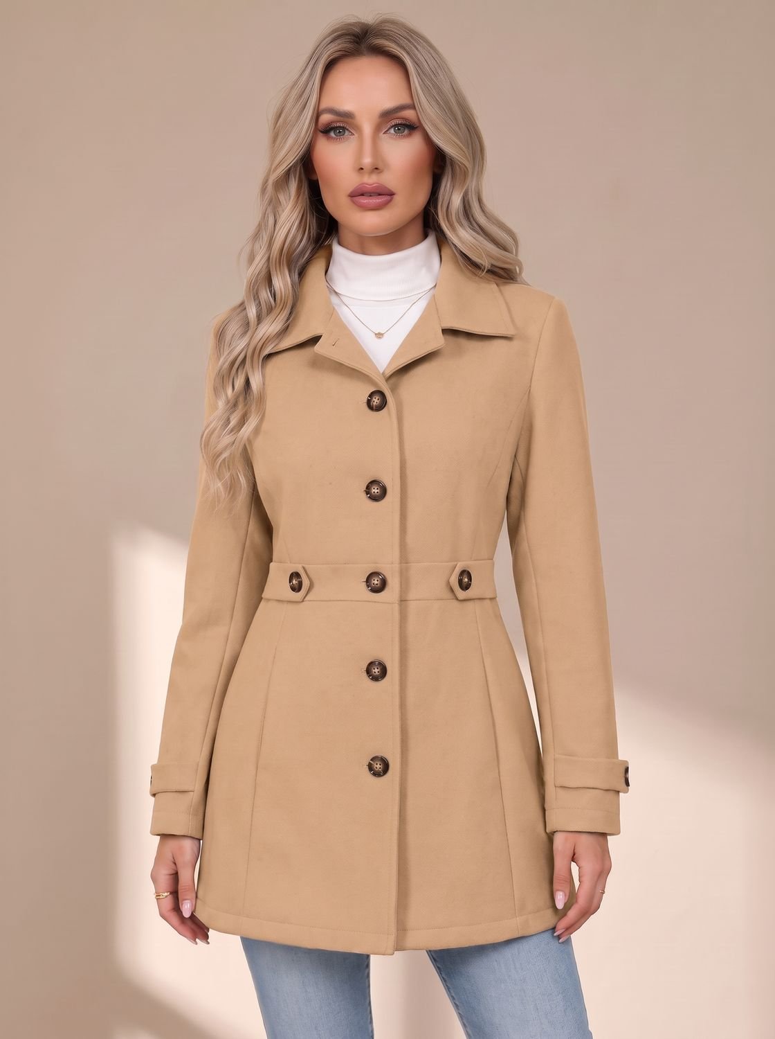 Mia | Women's Fitted Wool Coat Ladies Overcoat Button Front Defined Waist
