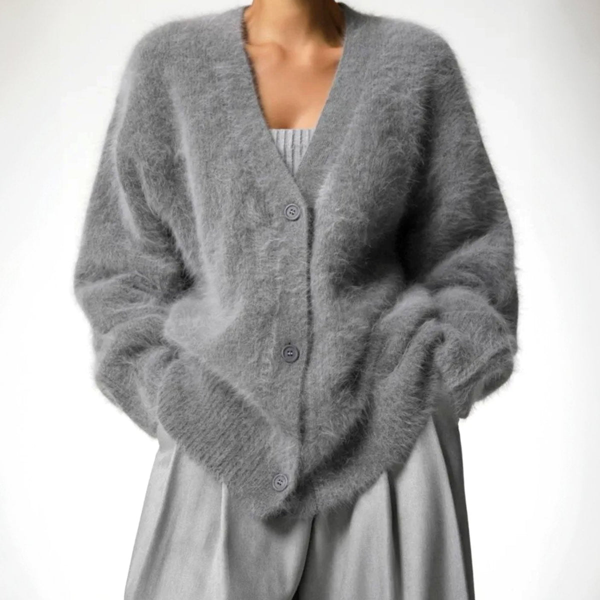 Women's Fluffy Mohair Blend V-Neck Button-Up Cardigan