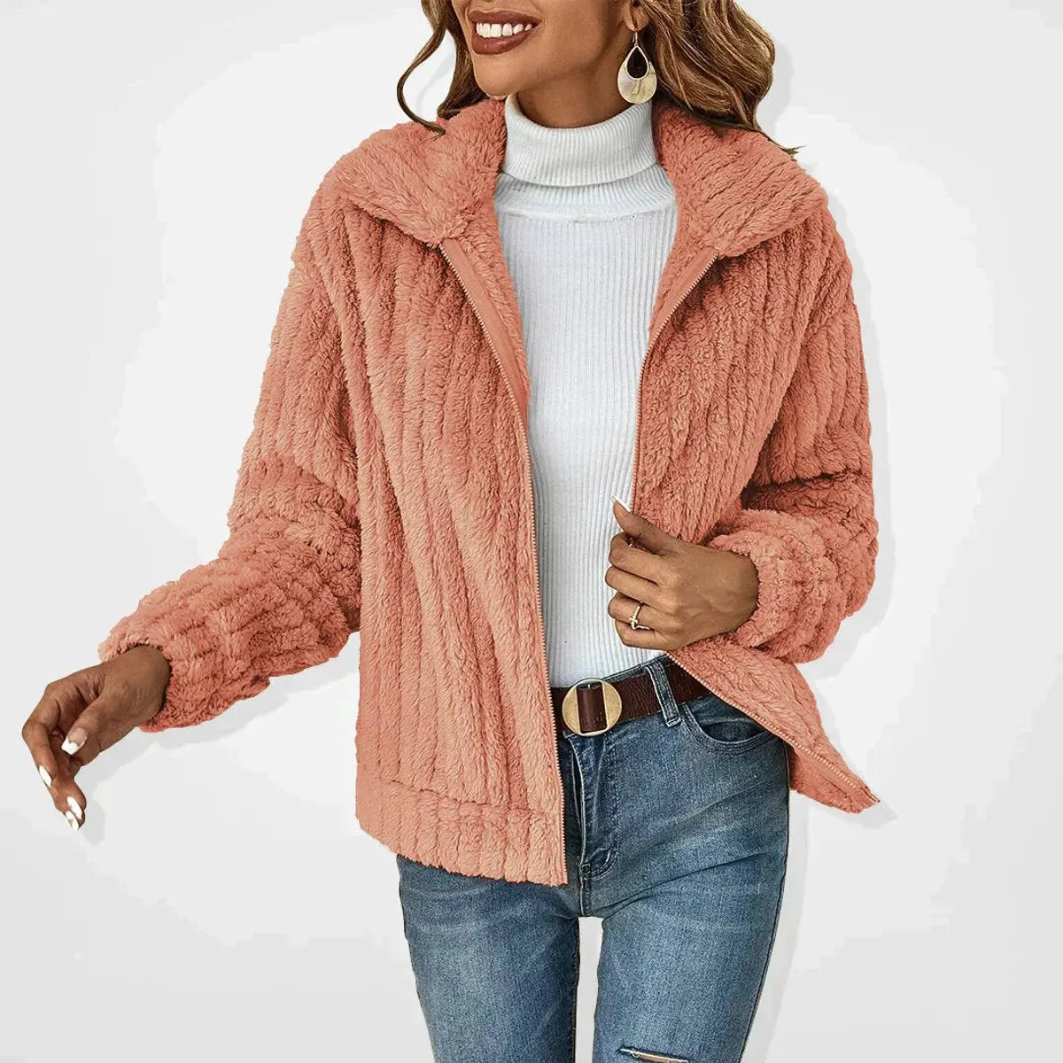 Women's Fluffy Zip-Up Quilted Jacket Teddy Fleece Coat