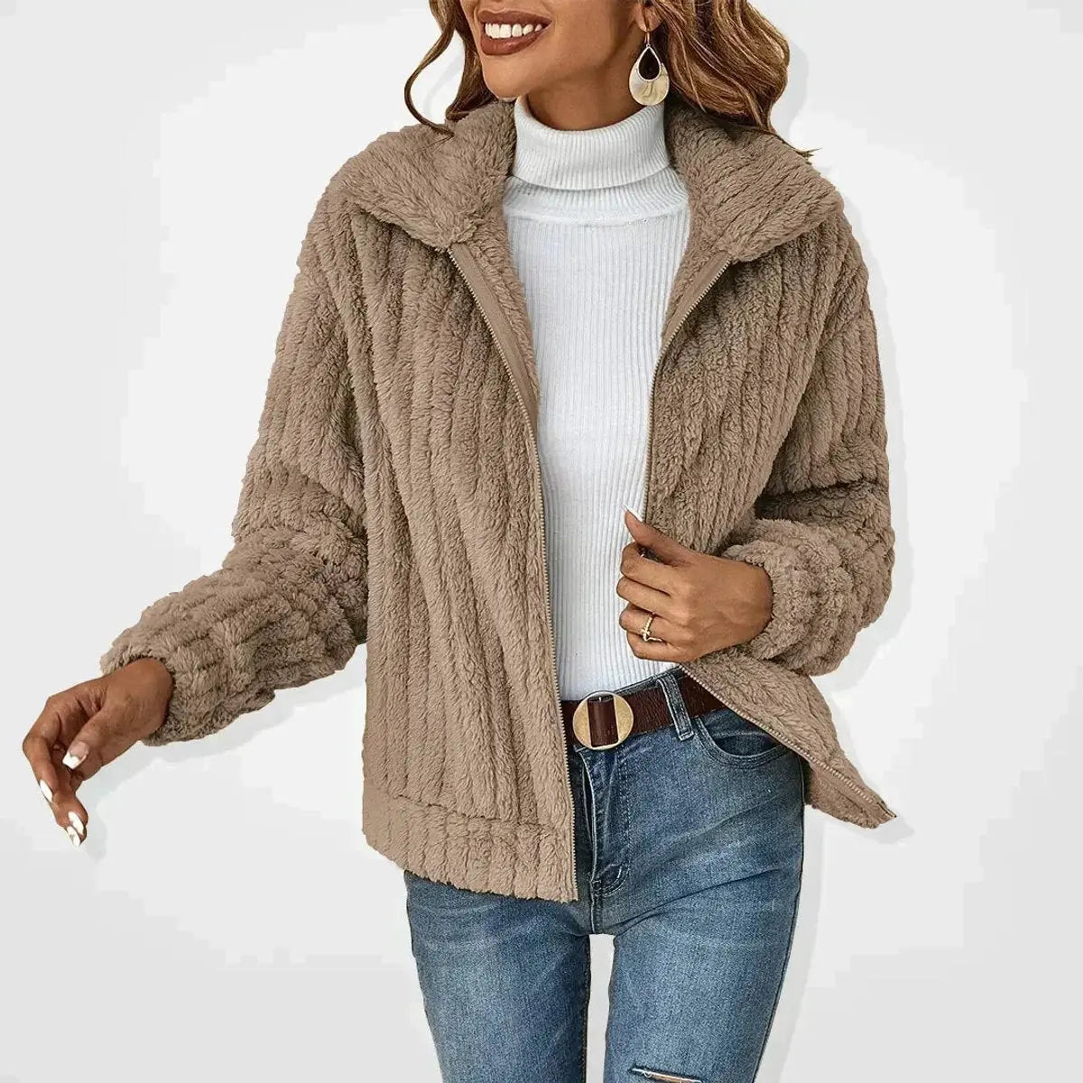 Women's Fluffy Zip-Up Quilted Jacket Teddy Fleece Coat