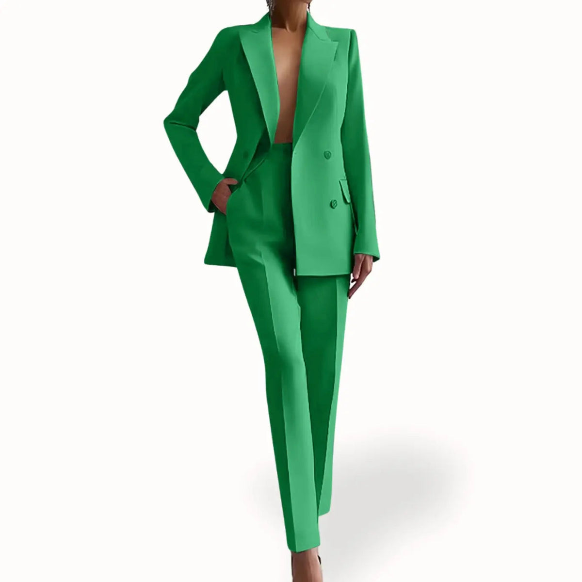 Women's Formal Tailored Suit Set Double-Breasted Long Blazer Trousers