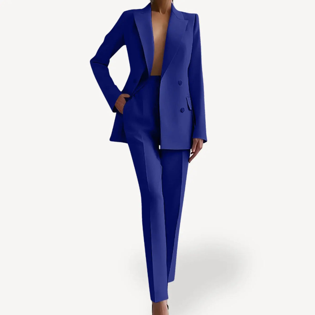 Women's Formal Tailored Suit Set Double-Breasted Long Blazer Trousers