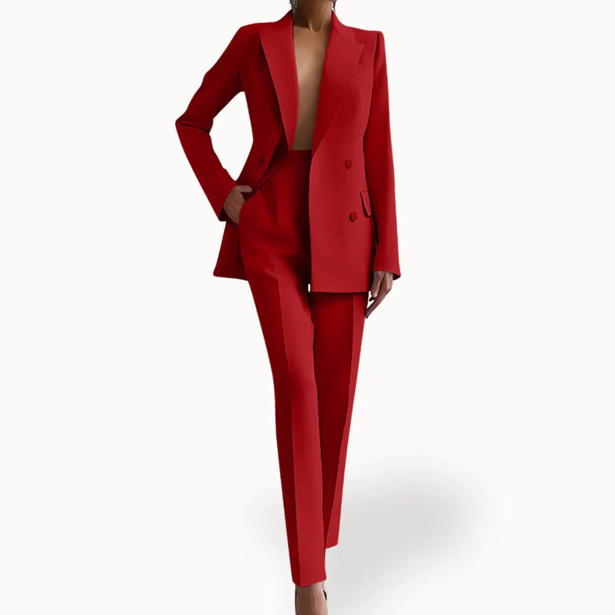 Women's Formal Tailored Suit Set Double-Breasted Long Blazer Trousers