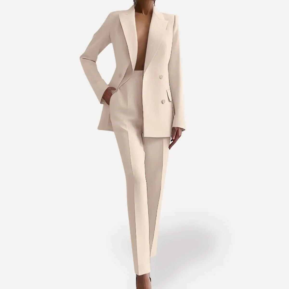 Women's Formal Tailored Suit Set Double-Breasted Long Blazer Trousers