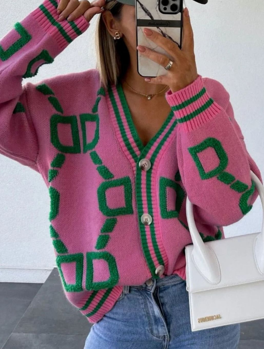Women's Geometric Pattern Button-Up Knit Cardigan
