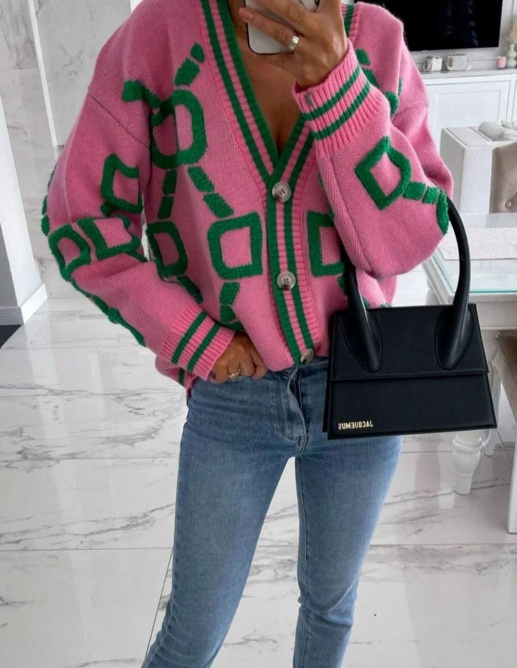 Women's Geometric Pattern Button-Up Knit Cardigan