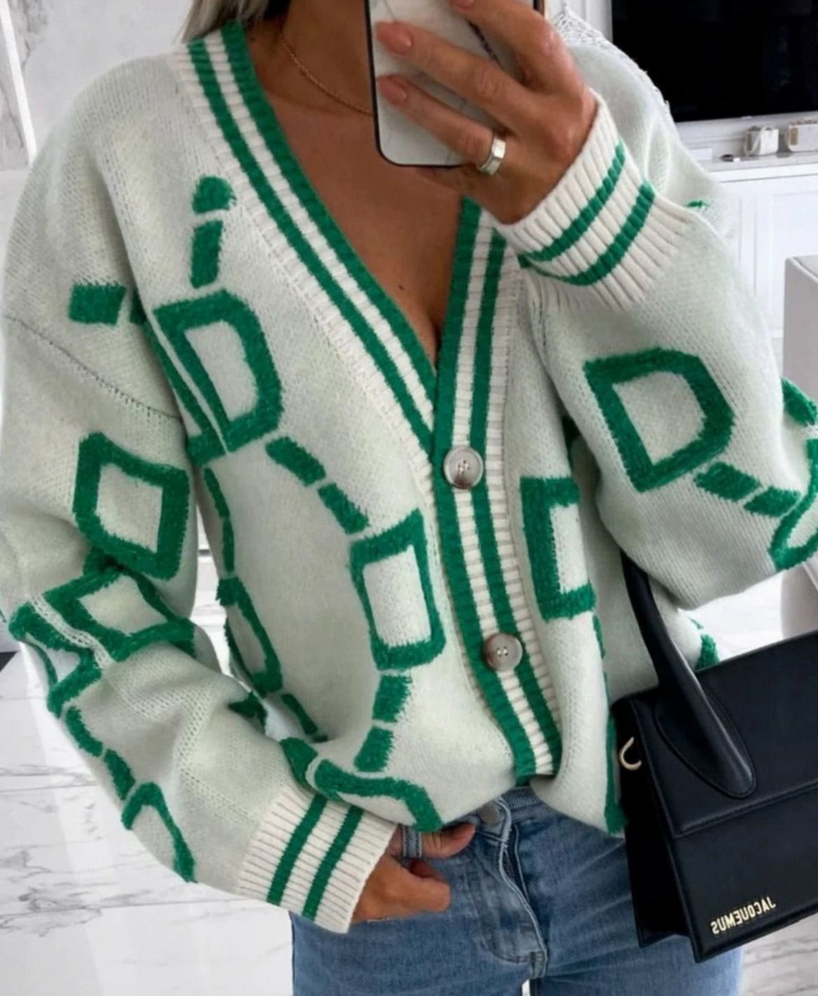 Women's Geometric Pattern Button-Up Knit Cardigan