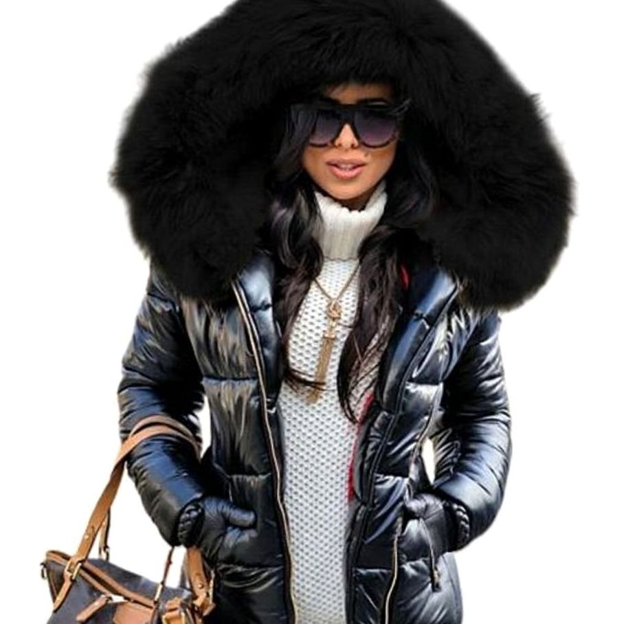 Women's Glossy Quilted Down Puffer Jacket Faux Fur Hood
