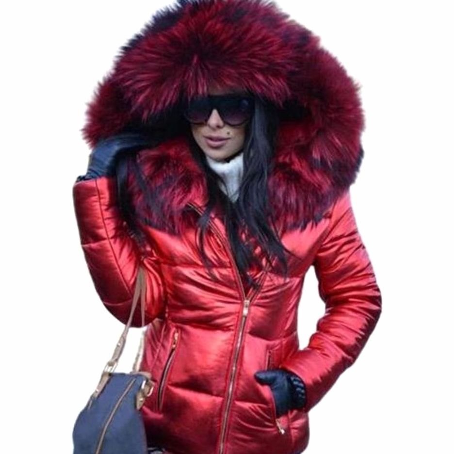 Women's Glossy Quilted Down Puffer Jacket Faux Fur Hood