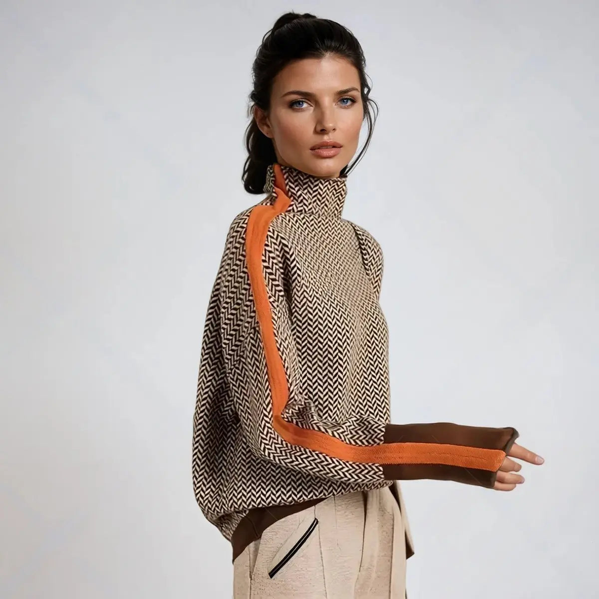 Women's Herringbone High-Neck Turtleneck Sweater Contrast Trim