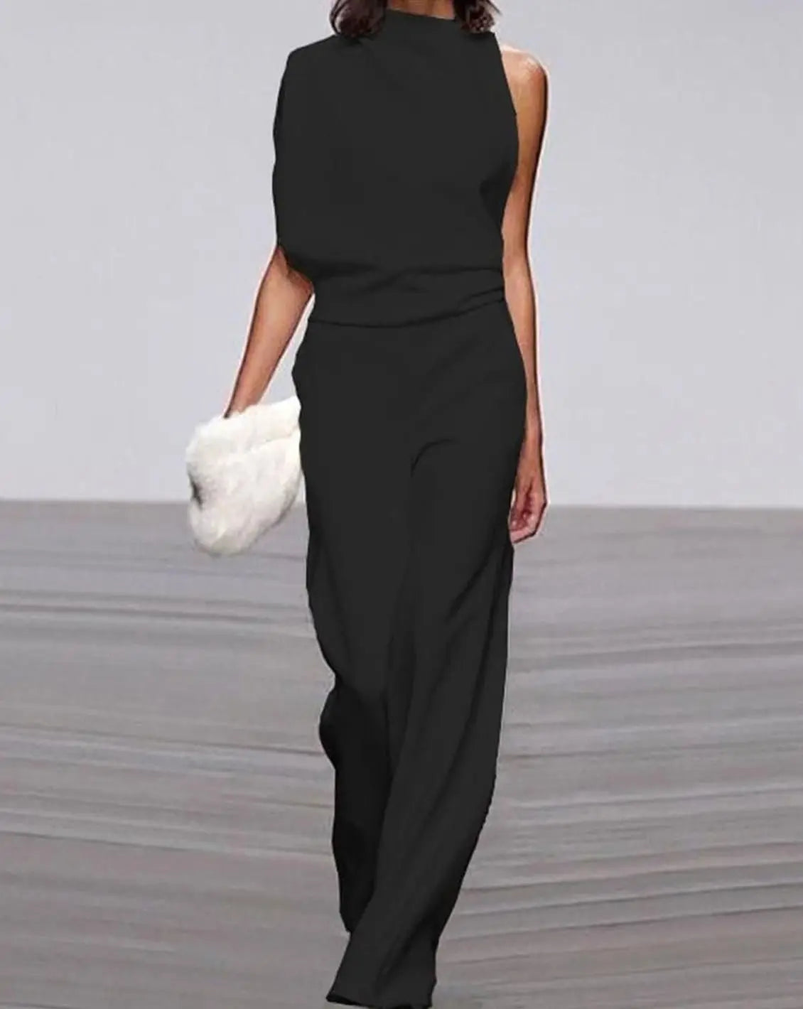 Women's High Neck Asymmetric Shoulder Jumpsuit Wide-Leg Formal