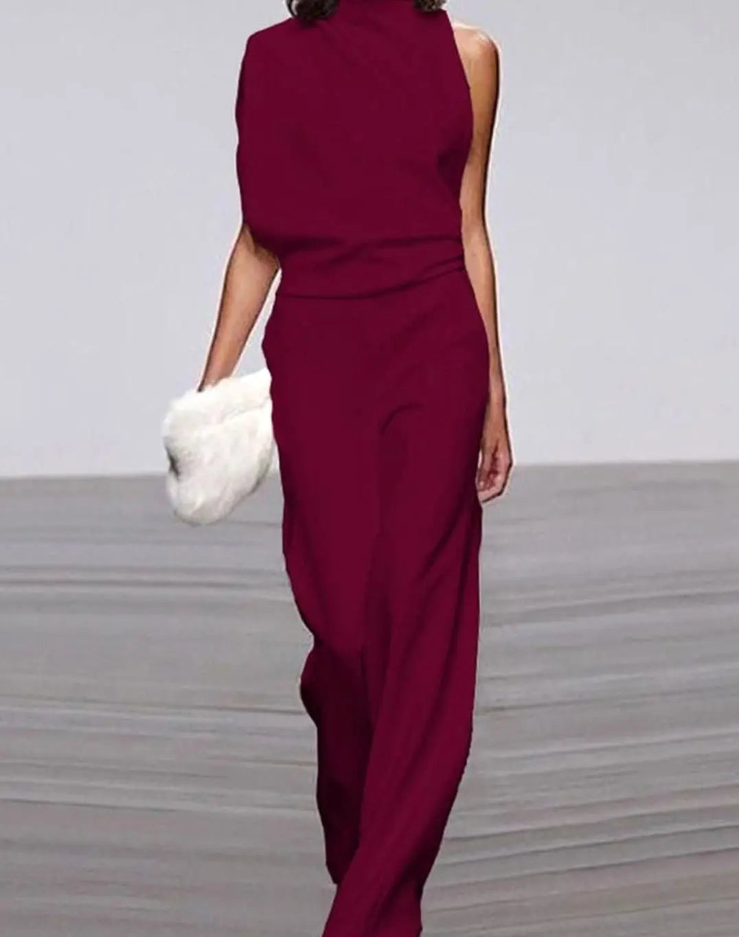 Women's High Neck Asymmetric Shoulder Jumpsuit Wide-Leg Formal