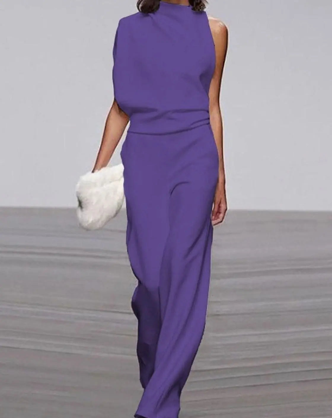 Women's High Neck Asymmetric Shoulder Jumpsuit Wide-Leg Formal