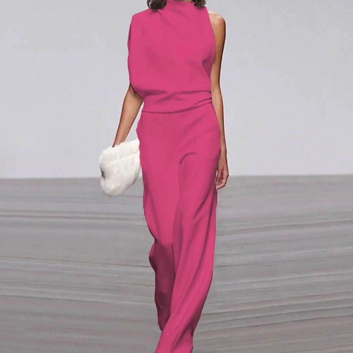 Women's High Neck Asymmetric Shoulder Jumpsuit Wide-Leg Formal