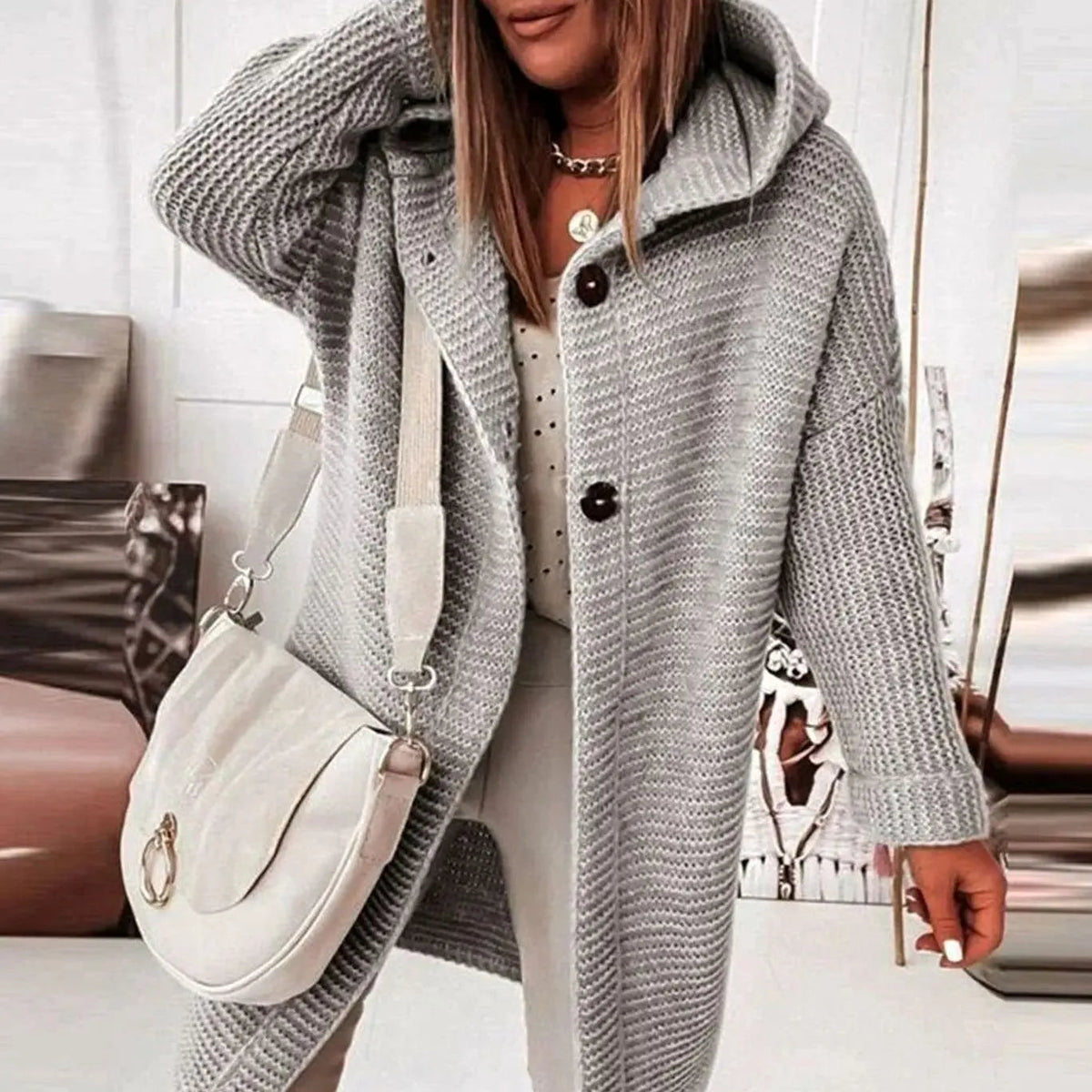 Women's Hooded Knit Cardigan Jacket Relaxed Longline Button