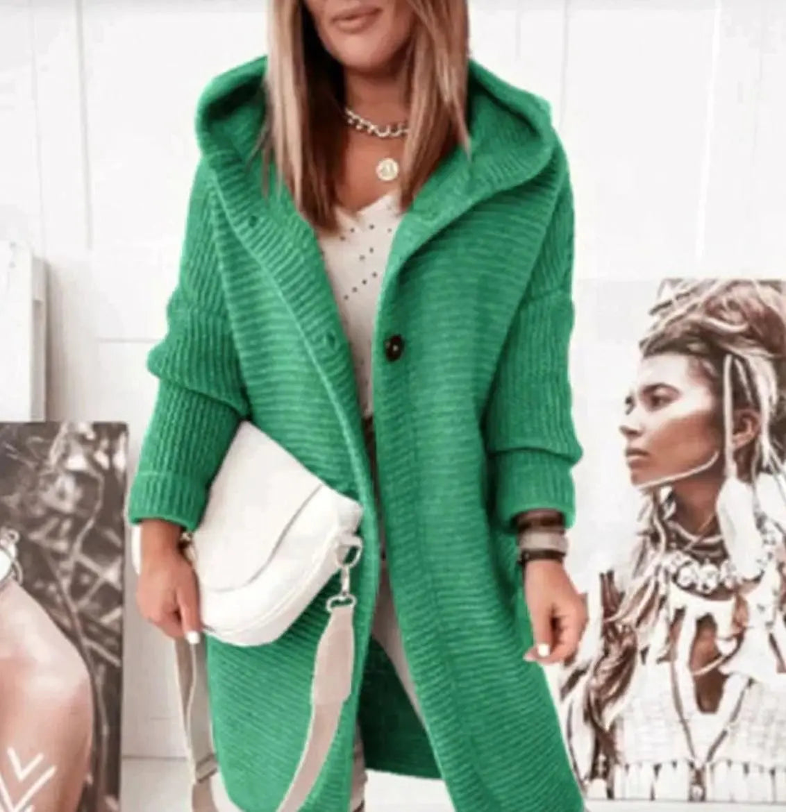 Women's Hooded Knit Cardigan Jacket Relaxed Longline Button