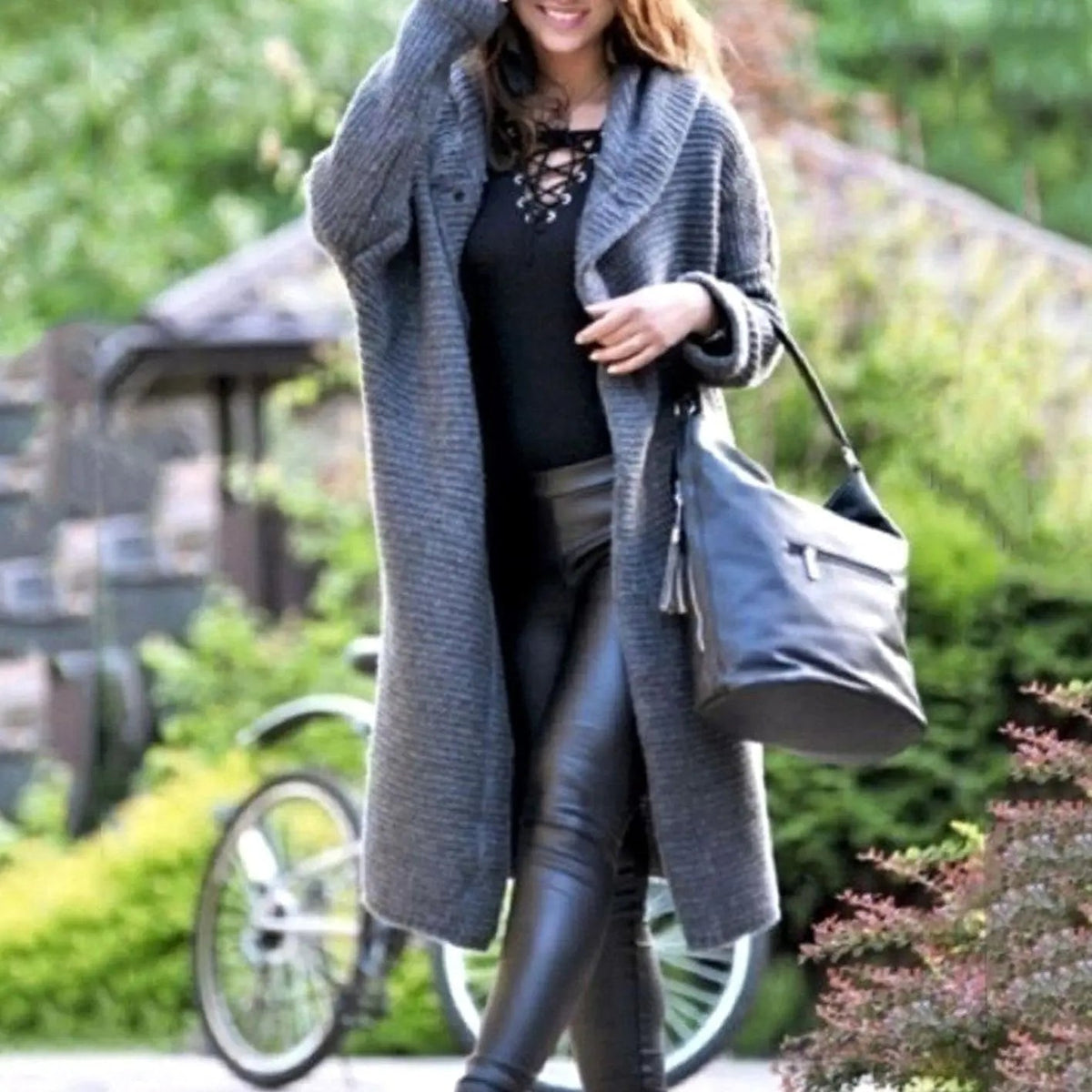 Women's Hooded Long Knit Maxi Cardigan Ribbed Open Front