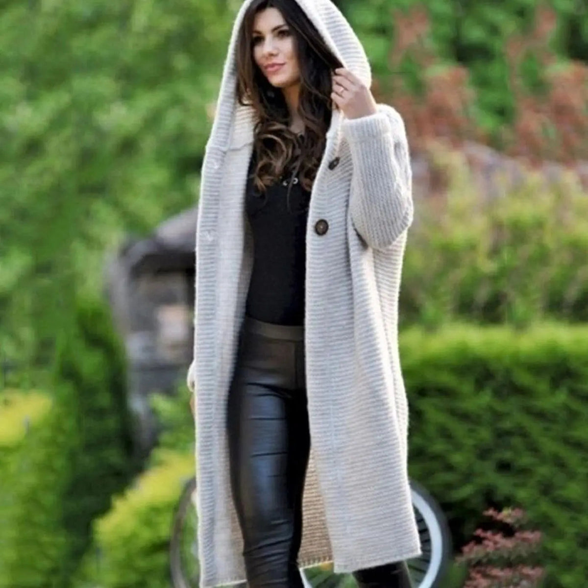Women's Hooded Long Knit Maxi Cardigan Ribbed Open Front