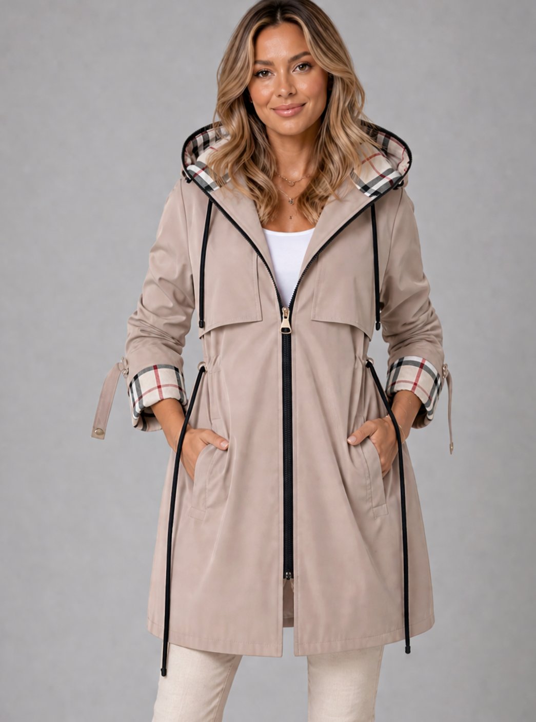 Women's Hooded Longline Zip-Up Coat Adjustable Drawstring Waist