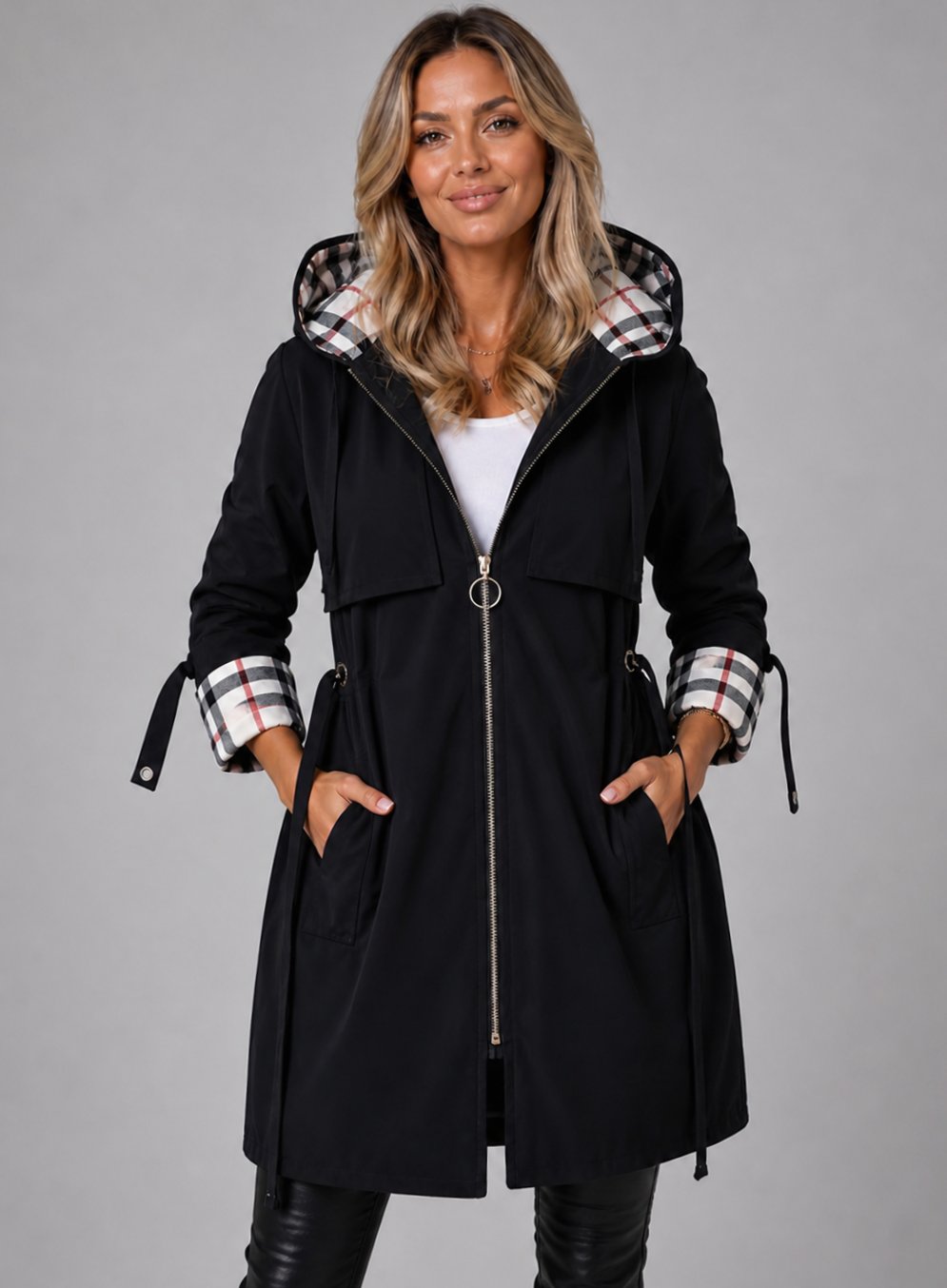 Women's Hooded Longline Zip-Up Coat Adjustable Drawstring Waist