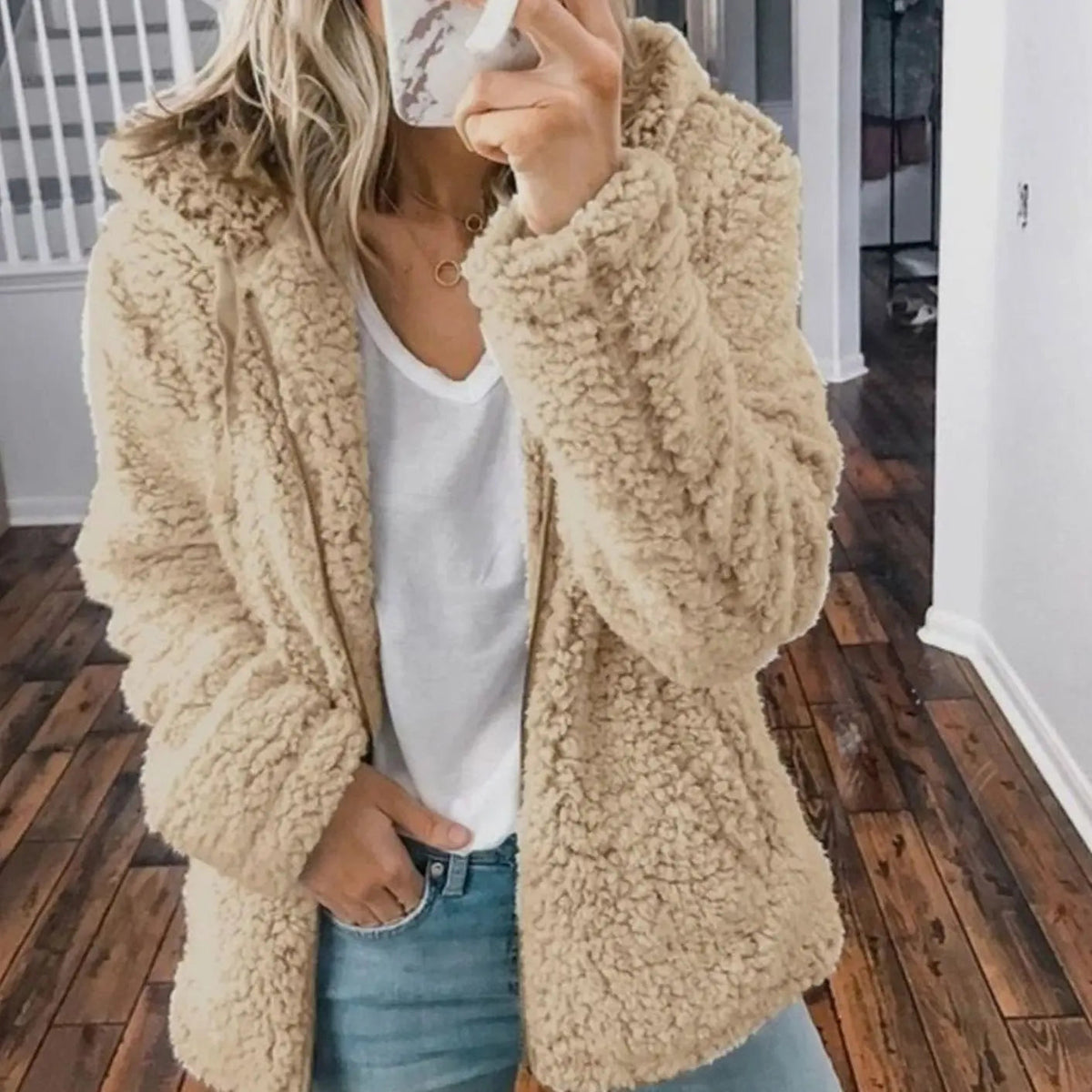 Women's Hooded Open Front Fleece Teddy Jacket
