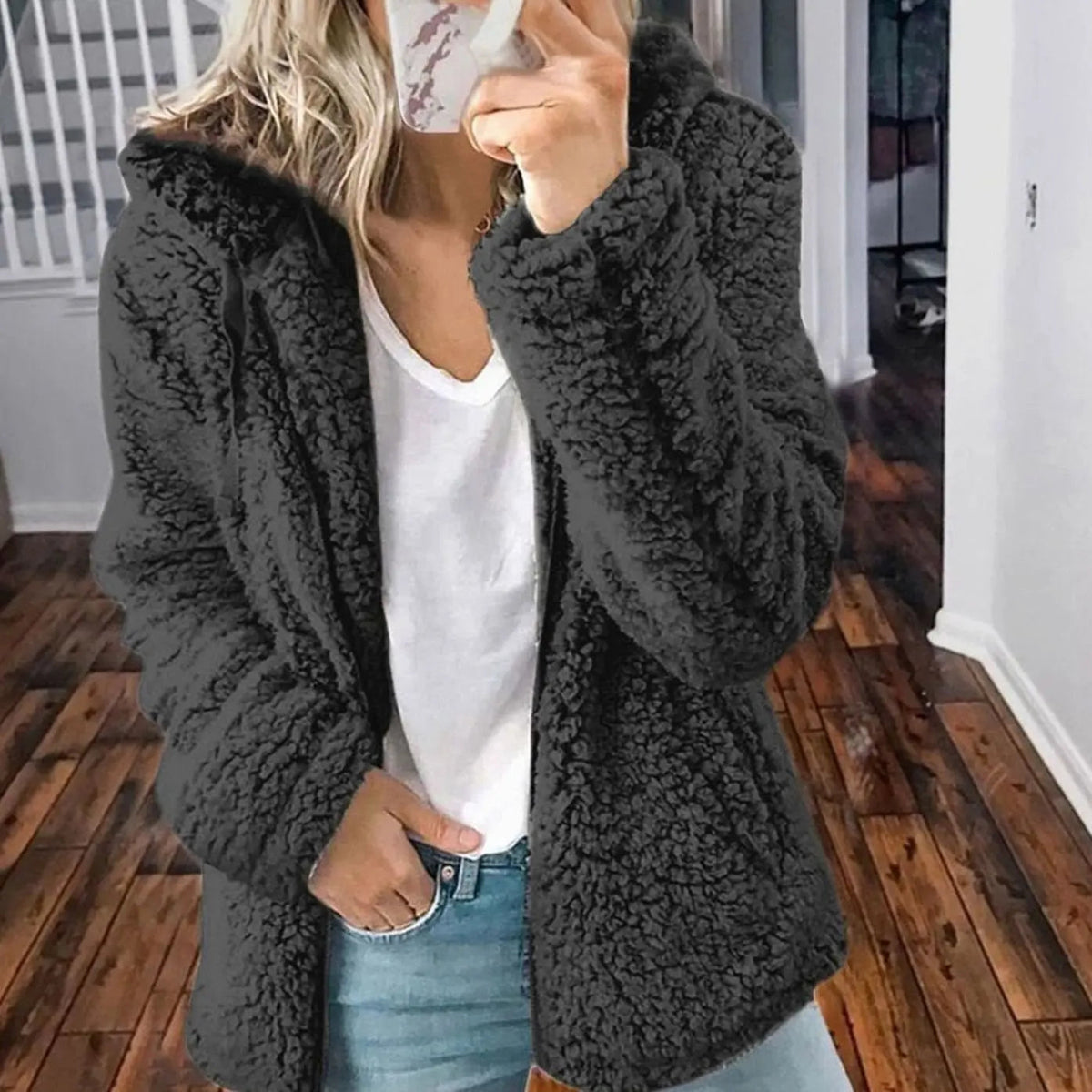 Women's Hooded Open Front Fleece Teddy Jacket