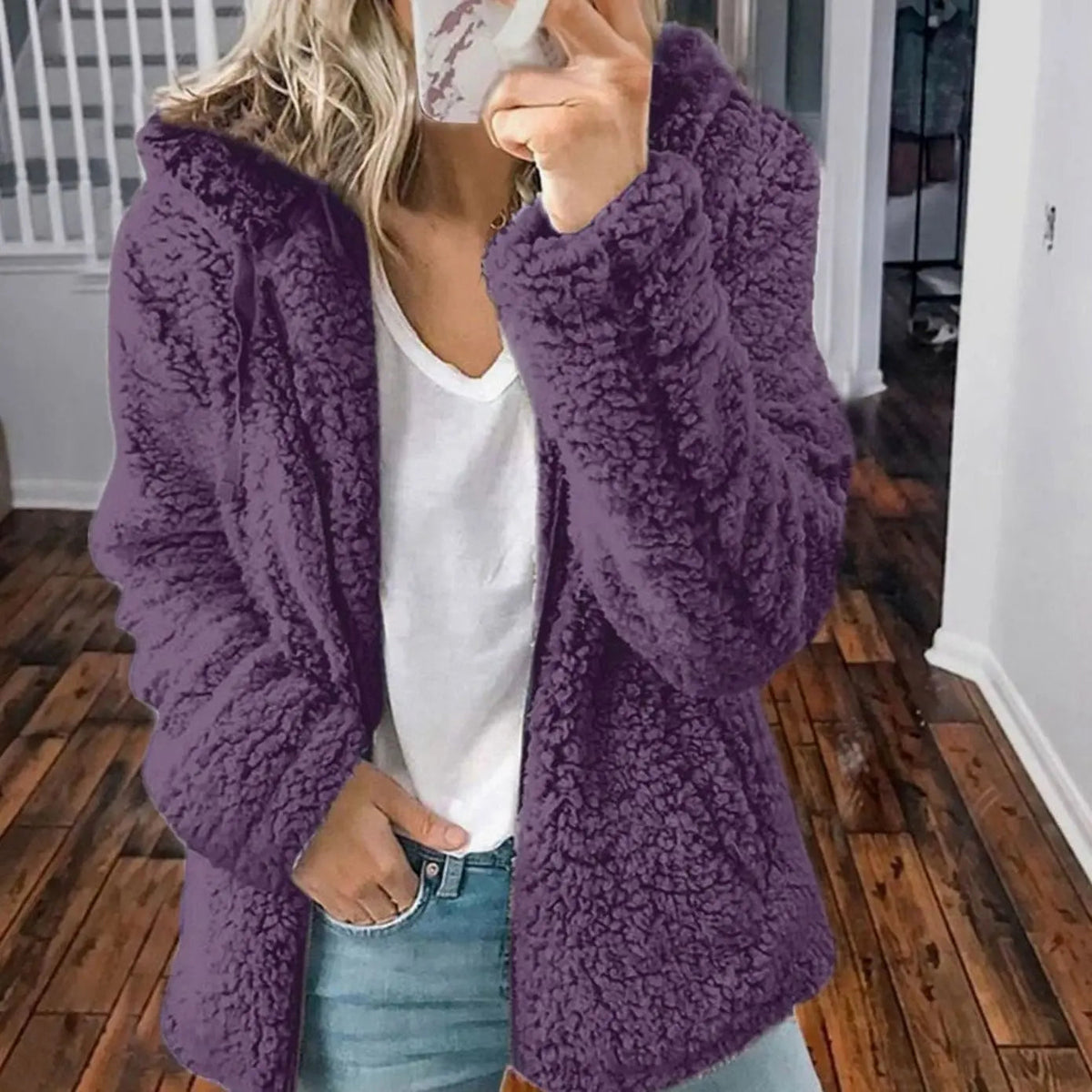 Women's Hooded Open Front Fleece Teddy Jacket