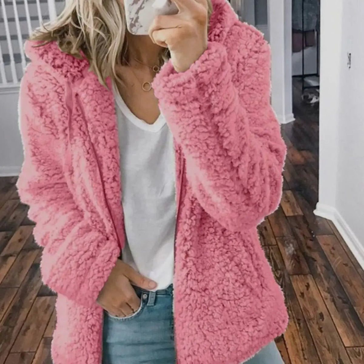 Women's Hooded Open Front Fleece Teddy Jacket