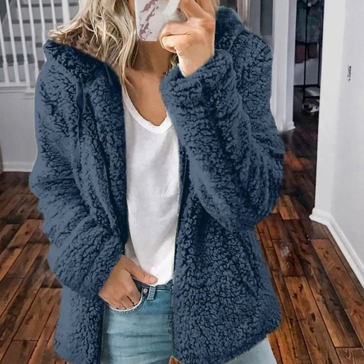 Women's Hooded Open Front Fleece Teddy Jacket