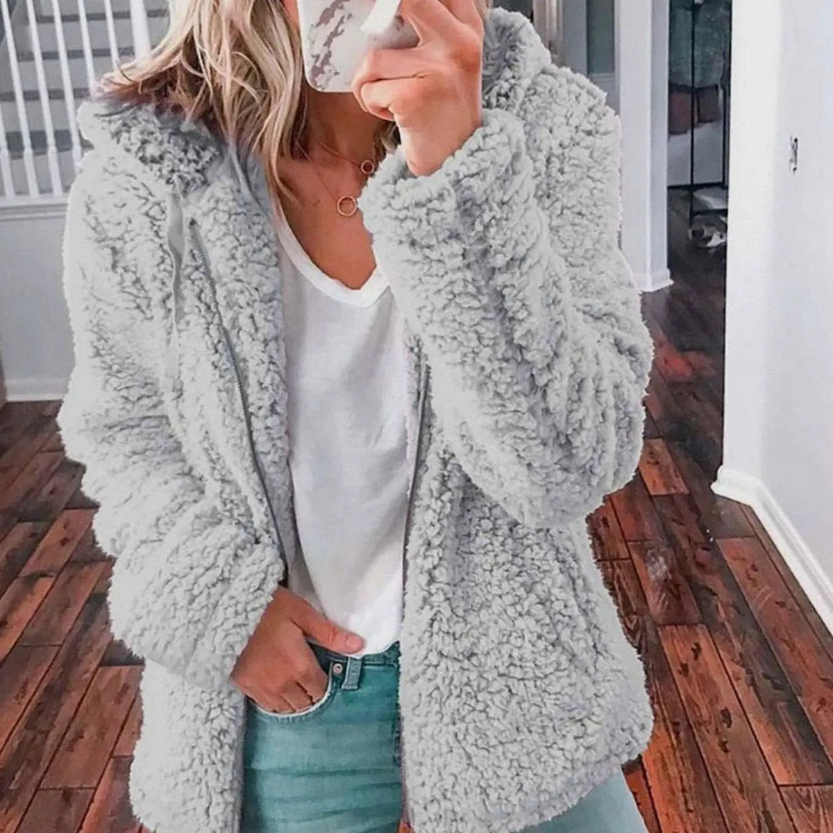 Women's Hooded Open Front Fleece Teddy Jacket