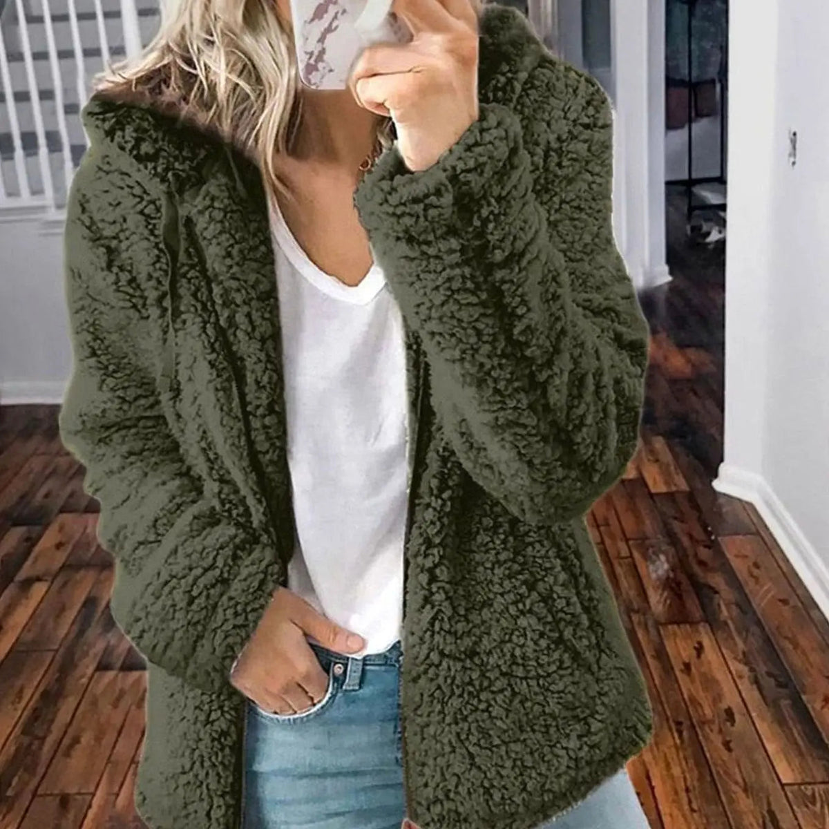 Women's Hooded Open Front Fleece Teddy Jacket