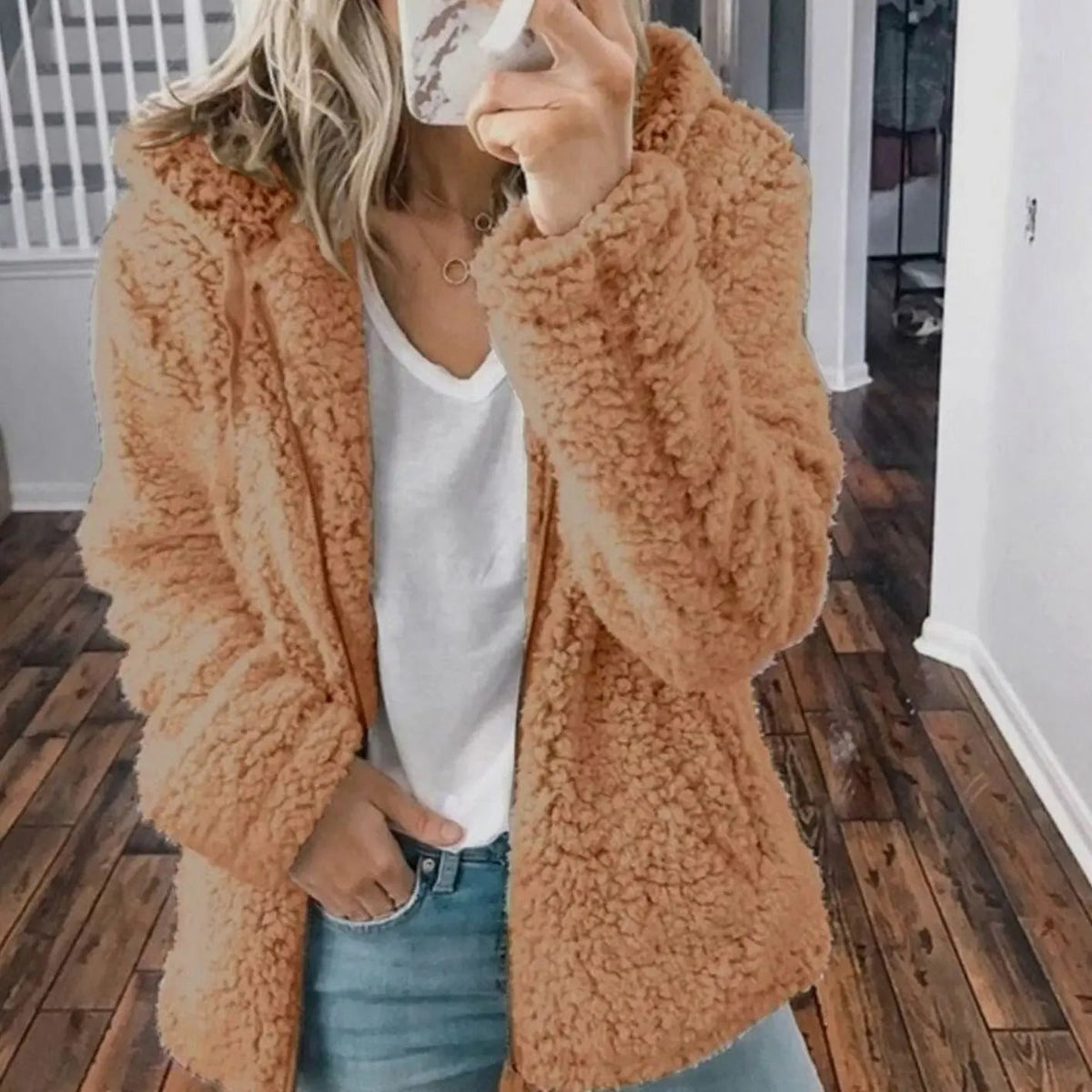 Women's Hooded Open Front Fleece Teddy Jacket