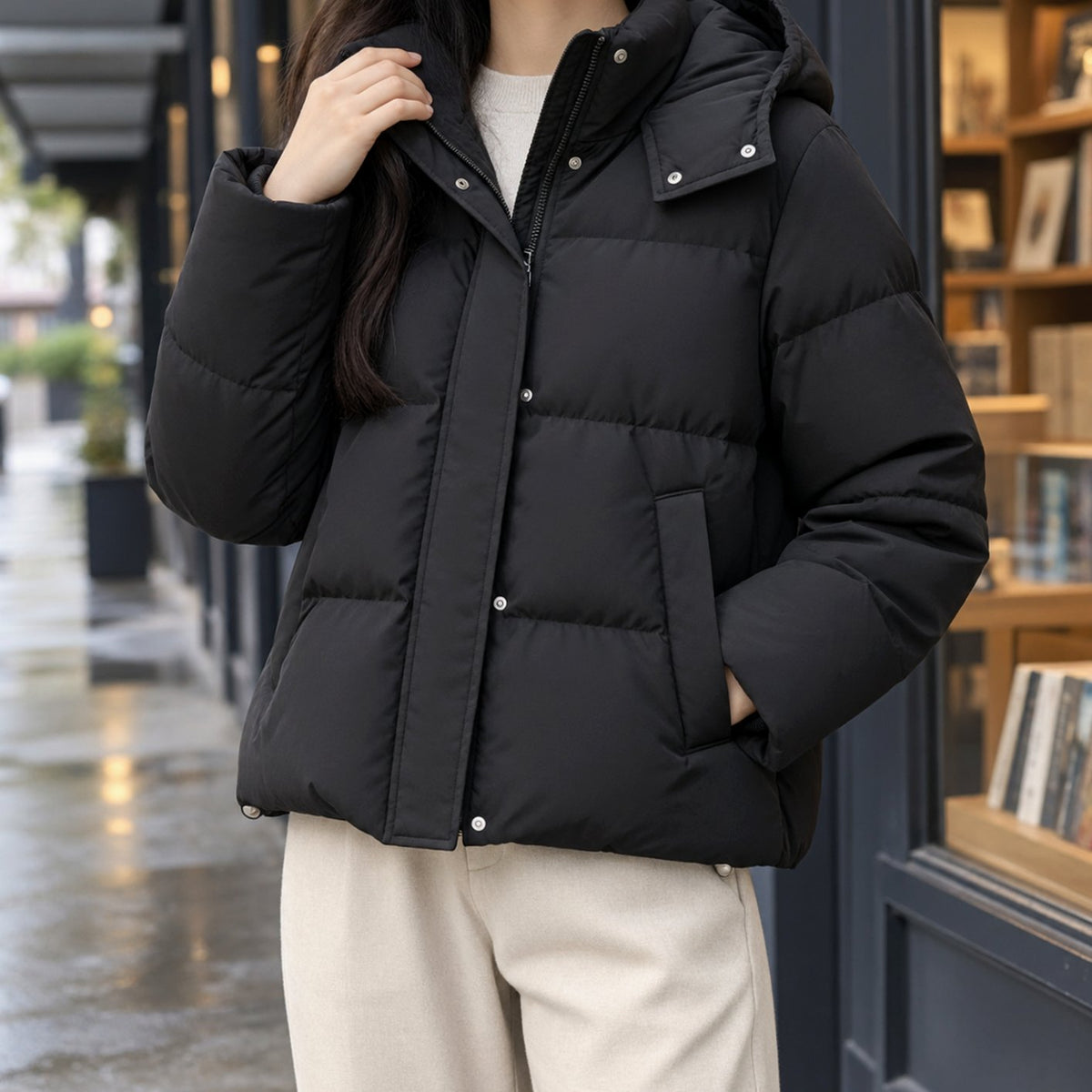 Women's Hooded Quilted Puffer Jacket Loose Waist-Length Fit