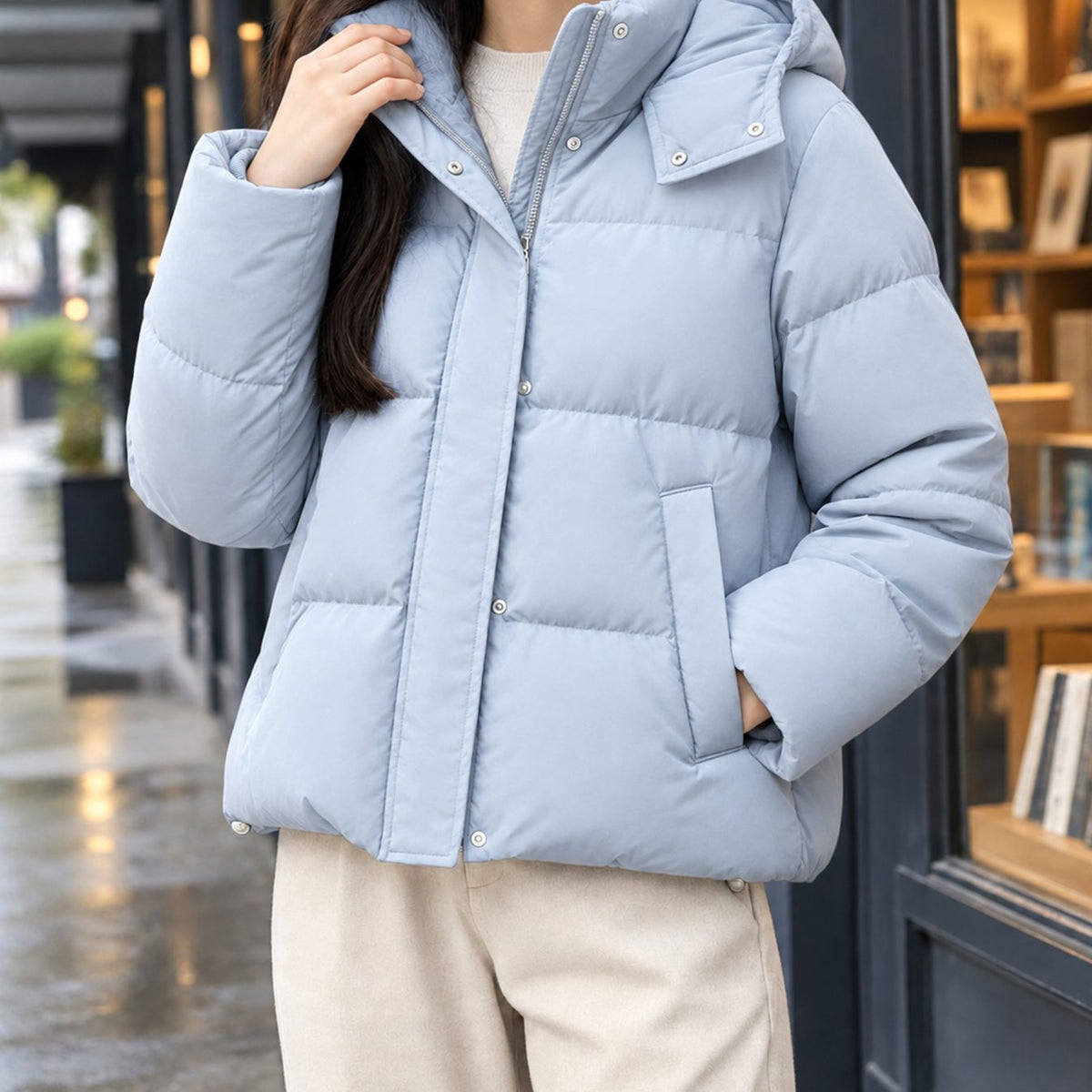 Women's Hooded Quilted Puffer Jacket Loose Waist-Length Fit