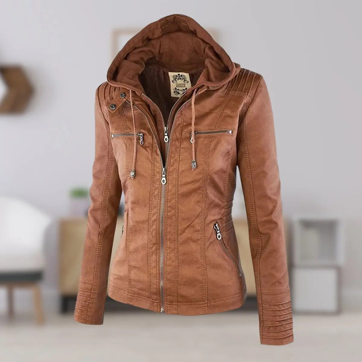 Women's Hooded Removable-Hood Faux Leather Biker Coat