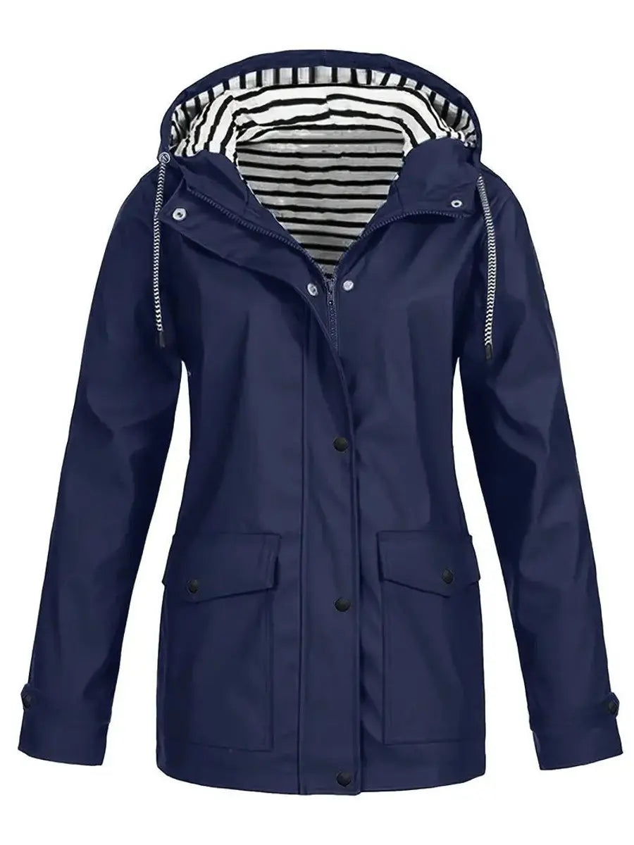 Women's Hooded Waterproof Striped-Lined Zip-Up Rain Coat
