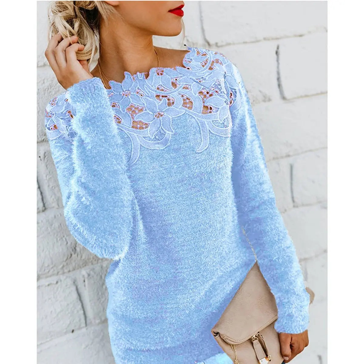 Womens Jumper Fluffy Lace Floral Neckline Long Sleeve Knit Top